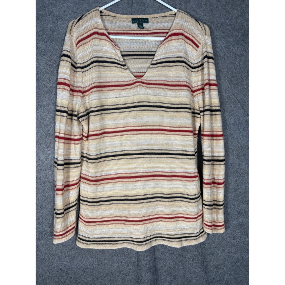 Lauren Ralph Lauren Striped V-Neck Sweater Womens Medium Linen Blend Beige Red